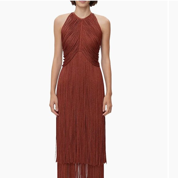 Hervé‎ Léger Metallic Draped Fringe Halter Gown Met Redwood M BRAND NEW NWT - Picture 2 of 5